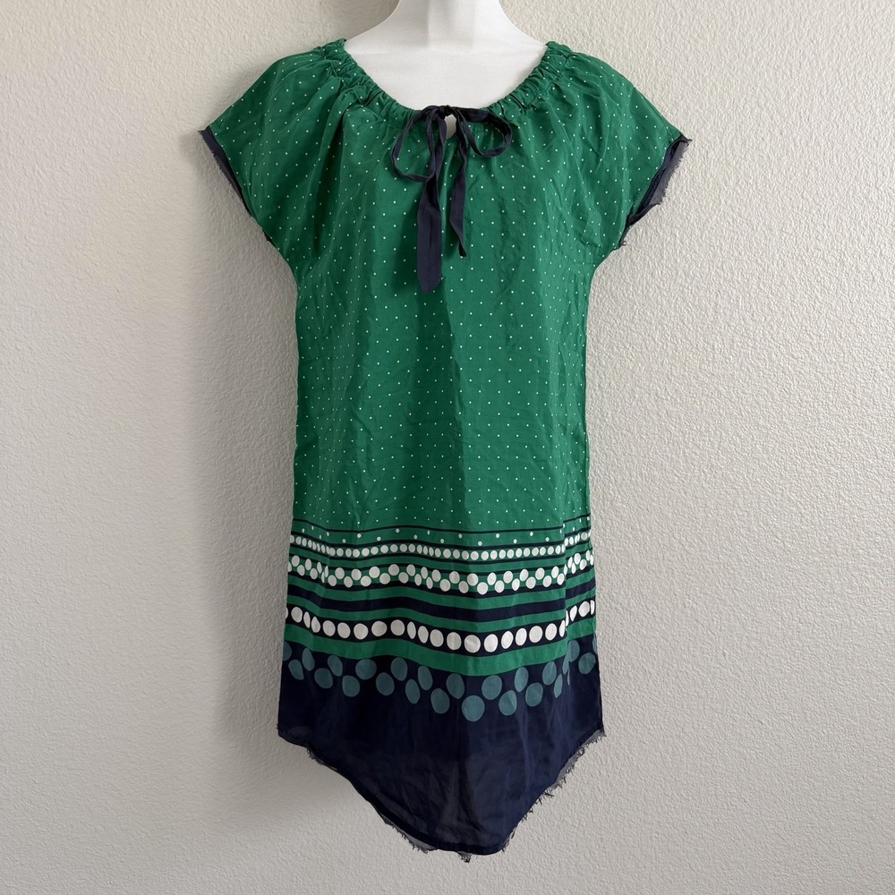 Allihop Silk Cotton Mini Shift Dress XS Green Polka Dot Mod Raw Edge Tie Front